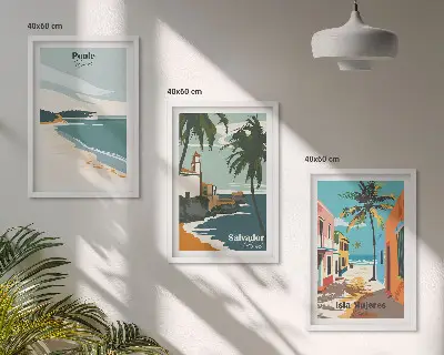 Conjunto de 3 quadros com moldura de praias tropicais e palmeiras