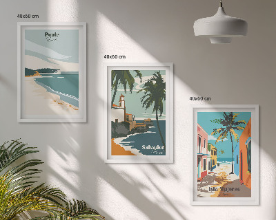 Conjunto de 3 quadros com moldura Praias tropicais e palmeiras