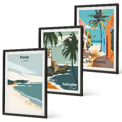 Conjunto de 3 quadros com moldura de praias tropicais e palmeiras