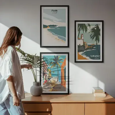 Conjunto de 3 quadros com moldura de praias tropicais e palmeiras