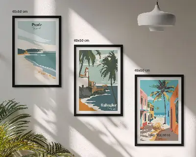 Conjunto de 3 quadros com moldura de praias tropicais e palmeiras