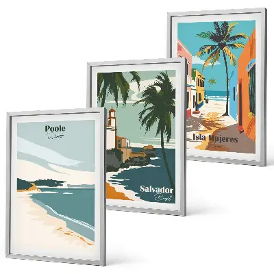 Conjunto de 3 quadros com moldura de praias tropicais e palmeiras