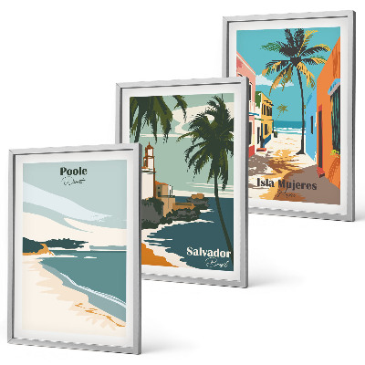 Conjunto de 3 quadros com moldura Praias tropicais e palmeiras