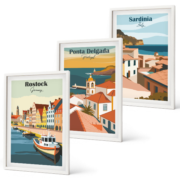 Conjunto de quadros para sala de estar Vistas de cidades costeiras europeias