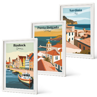 Conjunto de quadros para sala de estar Vistas de cidades costeiras europeias