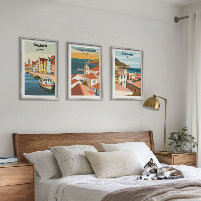 Conjunto de quadros para sala de estar Vistas de cidades costeiras europeias
