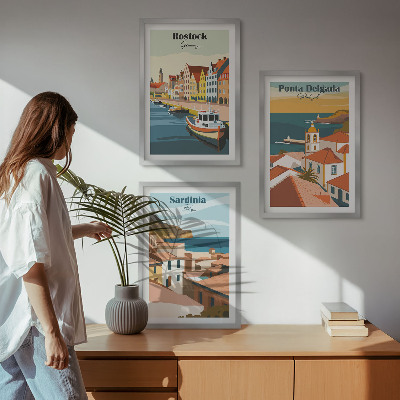 Conjunto de quadros para sala de estar Vistas de cidades costeiras europeias