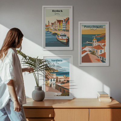 Conjunto de quadros para sala de estar Vistas de cidades costeiras europeias