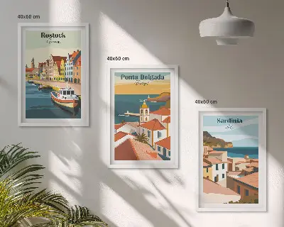 Conjunto de quadros para sala de estar com vistas de cidades costeiras europeias