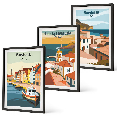 Conjunto de quadros para sala de estar Vistas de cidades costeiras europeias
