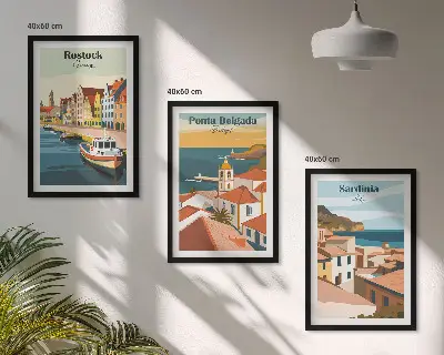 Conjunto de quadros para sala de estar com vistas de cidades costeiras europeias