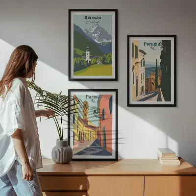 Conjunto de quadros decorativos modernos paisagens de montanhas e Itália