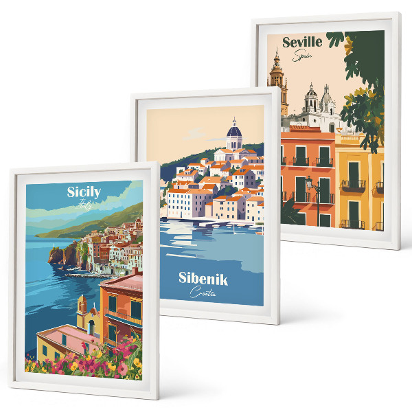 Conjunto de 3 quadros com moldura Paisagens urbanas com edifícios