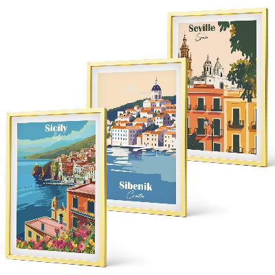 Conjunto de 3 quadros com moldura Paisagens urbanas com edifícios