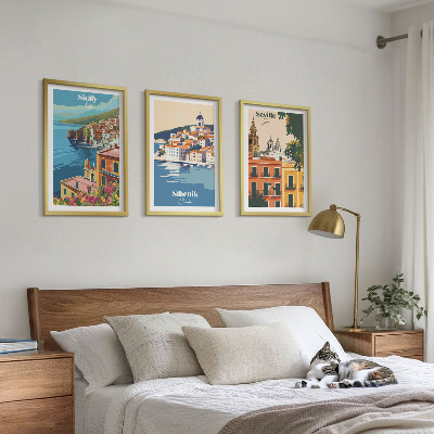 Conjunto de 3 quadros com moldura Paisagens urbanas com edifícios