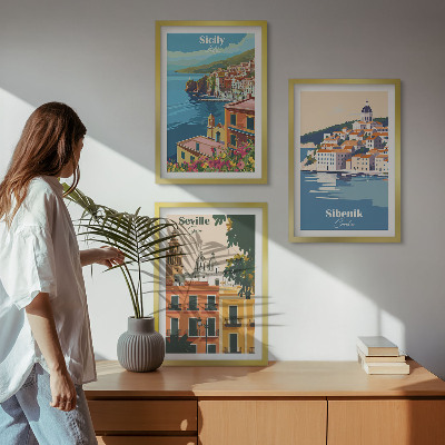 Conjunto de 3 quadros com moldura Paisagens urbanas com edifícios