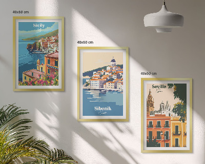 Conjunto de 3 quadros com moldura Paisagens urbanas com edifícios