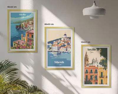 Conjunto de 3 quadros com moldura retratando paisagens urbanas com edifícios