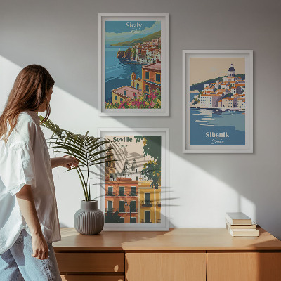Conjunto de 3 quadros com moldura Paisagens urbanas com edifícios