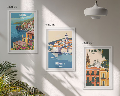 Conjunto de 3 quadros com moldura Paisagens urbanas com edifícios