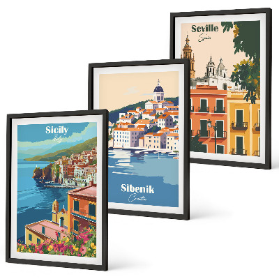 Conjunto de 3 quadros com moldura Paisagens urbanas com edifícios