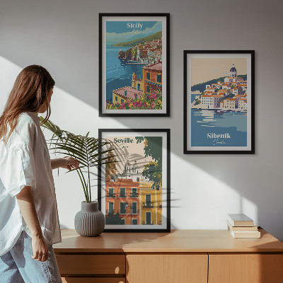 Conjunto de 3 quadros com moldura Paisagens urbanas com edifícios