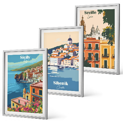 Conjunto de 3 quadros com moldura Paisagens urbanas com edifícios