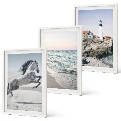 Conjunto de quadros decorativos para sala de estar com estampa de cavalos, praia, farol e ondas