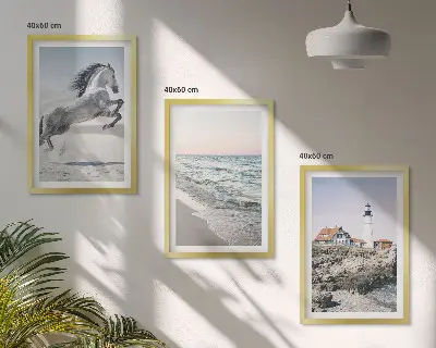 Conjunto de quadros decorativos para sala de estar com estampa de cavalos, praia, farol e ondas
