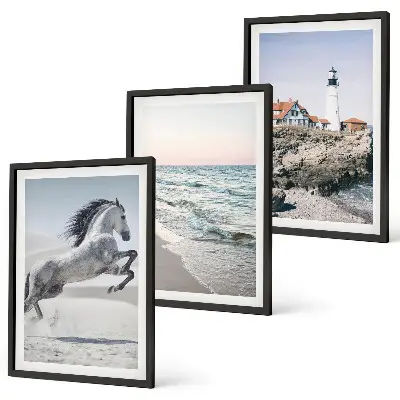 Conjunto de quadros decorativos para sala de estar com estampa de cavalos, praia, farol e ondas