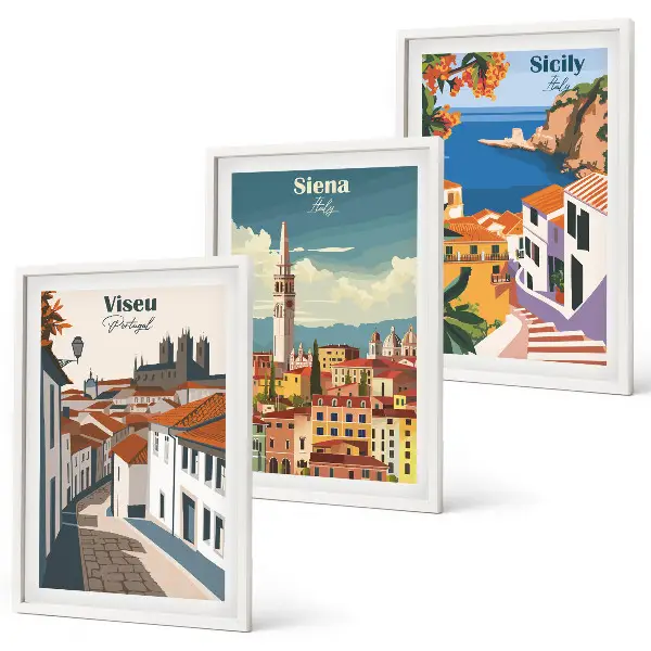 Conjunto de 3 quadros com moldura com ilustrações retrô de cidades do mundo