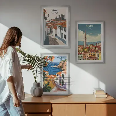 Conjunto de 3 quadros com moldura com ilustrações retrô de cidades do mundo