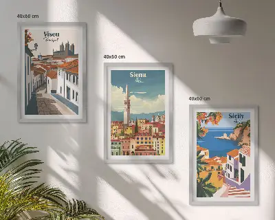 Conjunto de 3 quadros com moldura com ilustrações retrô de cidades do mundo
