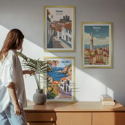 Conjunto de 3 quadros com moldura com ilustrações retrô de cidades do mundo