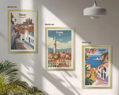 Conjunto de 3 quadros com moldura com ilustrações retrô de cidades do mundo