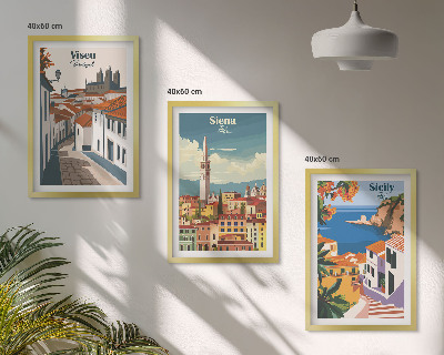 Conjunto de 3 quadros com moldura Ilustrações retrô de cidades do mundo