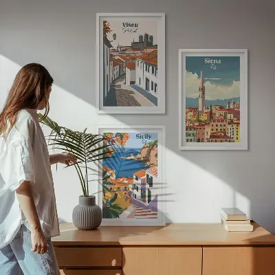 Conjunto de 3 quadros com moldura com ilustrações retrô de cidades do mundo