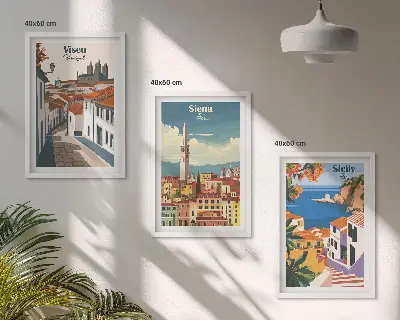 Conjunto de 3 quadros com moldura com ilustrações retrô de cidades do mundo