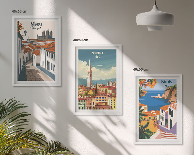Conjunto de 3 quadros com moldura Ilustrações retrô de cidades do mundo