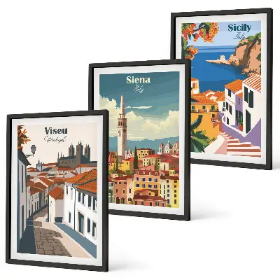 Conjunto de 3 quadros com moldura com ilustrações retrô de cidades do mundo