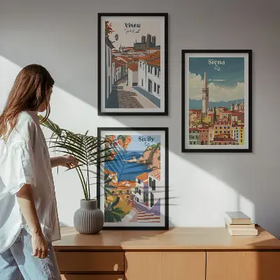 Conjunto de 3 quadros com moldura com ilustrações retrô de cidades do mundo