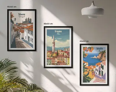 Conjunto de 3 quadros com moldura com ilustrações retrô de cidades do mundo