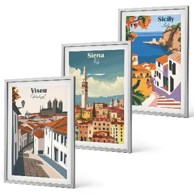 Conjunto de 3 quadros com moldura com ilustrações retrô de cidades do mundo