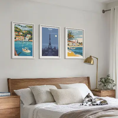 Conjunto de 3 quadros com moldura de cidades costeiras e arquitetura