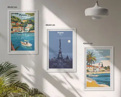 Conjunto de 3 quadros com moldura de cidades costeiras e arquitetura