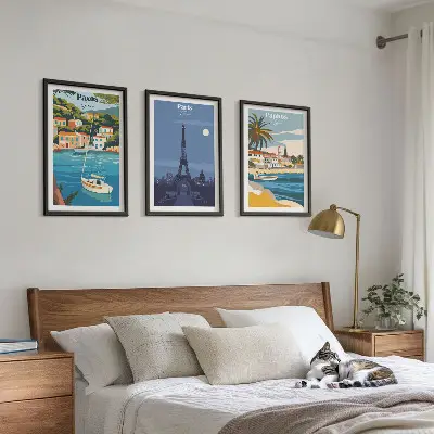 Conjunto de 3 quadros com moldura de cidades costeiras e arquitetura