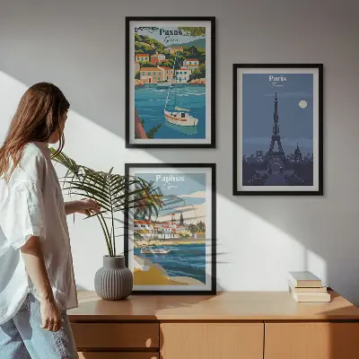 Conjunto de 3 quadros com moldura de cidades costeiras e arquitetura