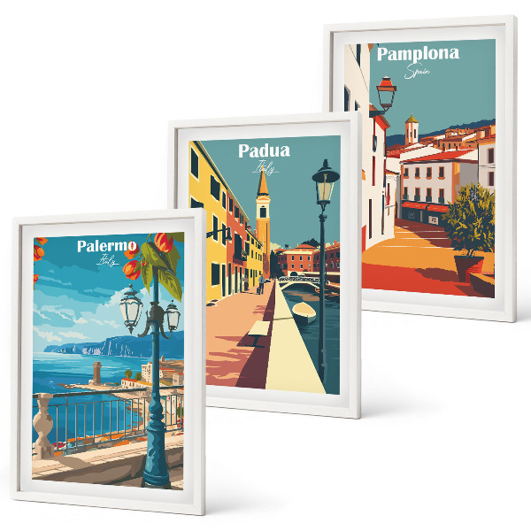 Conjunto de quadros para sala de estar Ilustrações retrô de cidades