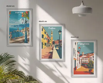 Conjunto de quadros para sala de estar com ilustrações retrô de cidades