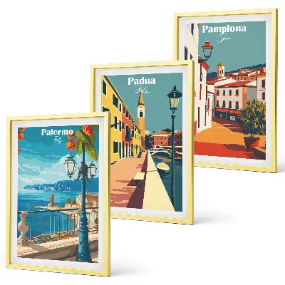 Conjunto de quadros para sala de estar com ilustrações retrô de cidades